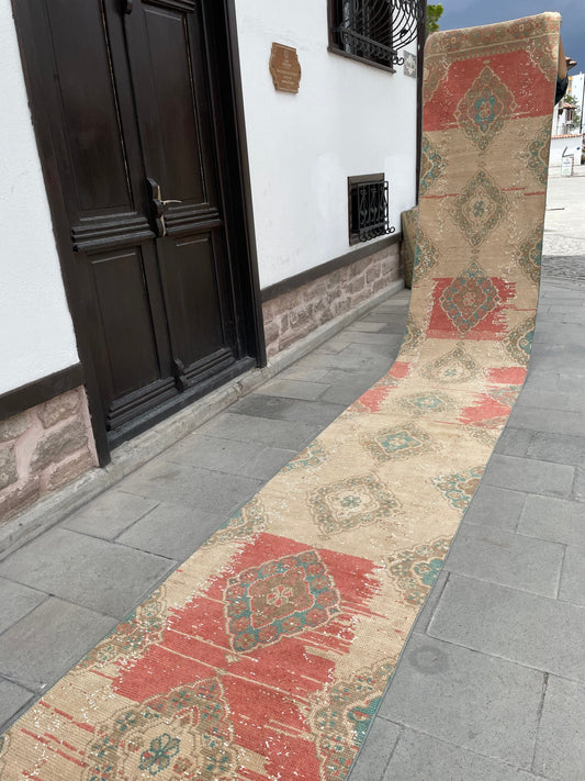 Muted Vintage Extra Long Turkish Runner Oushak 2.7 x 20.5 Stairs Runner Rug Vintage Runner XL Oriental Runner Staircase Handmade Runner