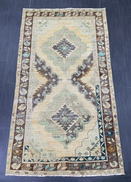 Muted Turkish 3.7 x 6.6 Rug Handmade Rug, Rustic Rug Hand Knotted Turkish Rug, Farmhouse Rug, Vintage Rug, Wool rug