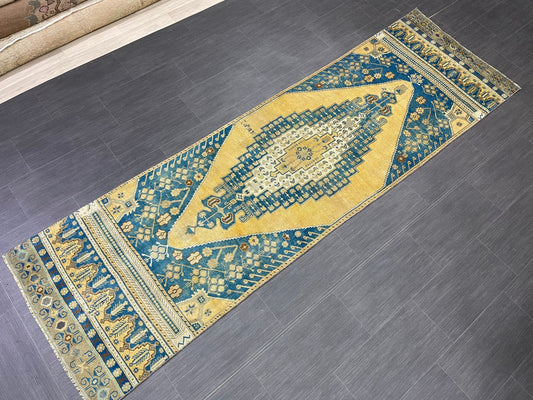 TURKISH Runner Rug Vintage Runner Rug 2.8 x 9.4 Oriental Rug Wool Oushak Rug Hand Knotted Rug Vintage Turkish Runner Rug Blue and Yellow Rug
