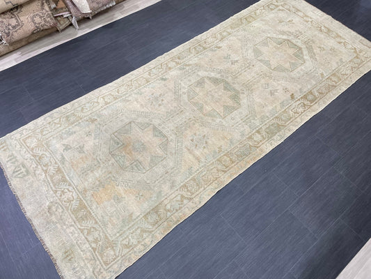 Muted Vintage Oushak Runner Rug Turkish Runner 4.4 x 10.9 Rug Vintage Runner Rug Star Rug Kitchen Runner Natural Wool Runner Rust color