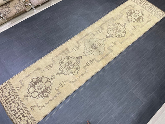 Vintage Runner Oushak 2.8 x 11.6 Neutral Runner Rug Turkish Runner Rug Vintage Runner Rug Kitchen Runner Natural Wool Runner Pastel colors