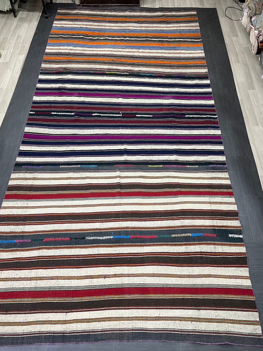 7.5 x 15.4 Vintage Flat woven Rug, Turkish Rug Handmade Flatweave Carpet , Stripped Flatweaving, Rustic Rug, Farmhouse Rug, Oushak Rug