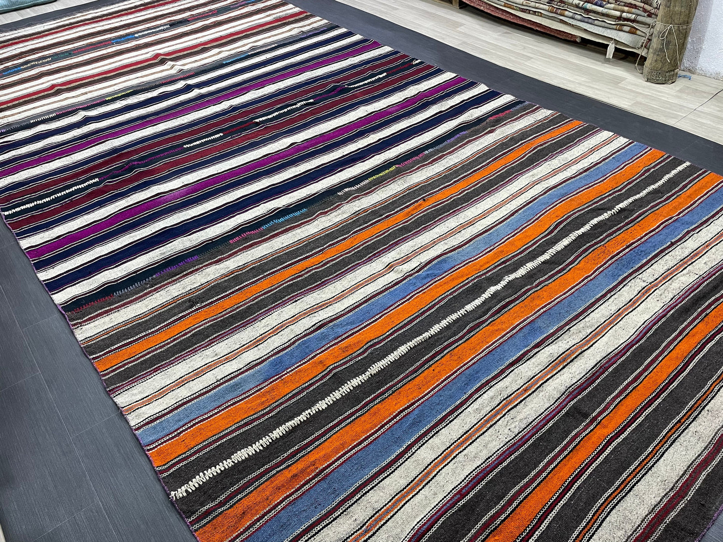 7.5 x 15.4 Vintage Flat woven Rug, Turkish Rug Handmade Flatweave Carpet , Stripped Flatweaving, Rustic Rug, Farmhouse Rug, Oushak Rug