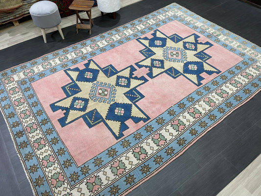 Wool OUSHAK RUG TURKISH 6.6 x 10 Rug Vintage Oriental Rug Vintage Handmade Rug Wool Vintage Pink and Blue Rug Hand Knotted Rug