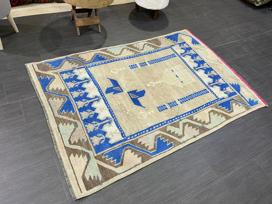 Muted Rugs, Handmade 3.3 x 5 Rug, Blue Oushak Rug, Rustic Rug, Hand Knotted Turkish Rug, Farmhouse Rug, Vintage Rug, Wool rug