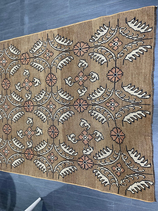 Vintage Floral RUG, Brown 4x10 Vintage Rug, TURKISH Rug, Muted Vintage Persian Rug, Vintage Wool Pink and Green Rug Muted Handmade Rug