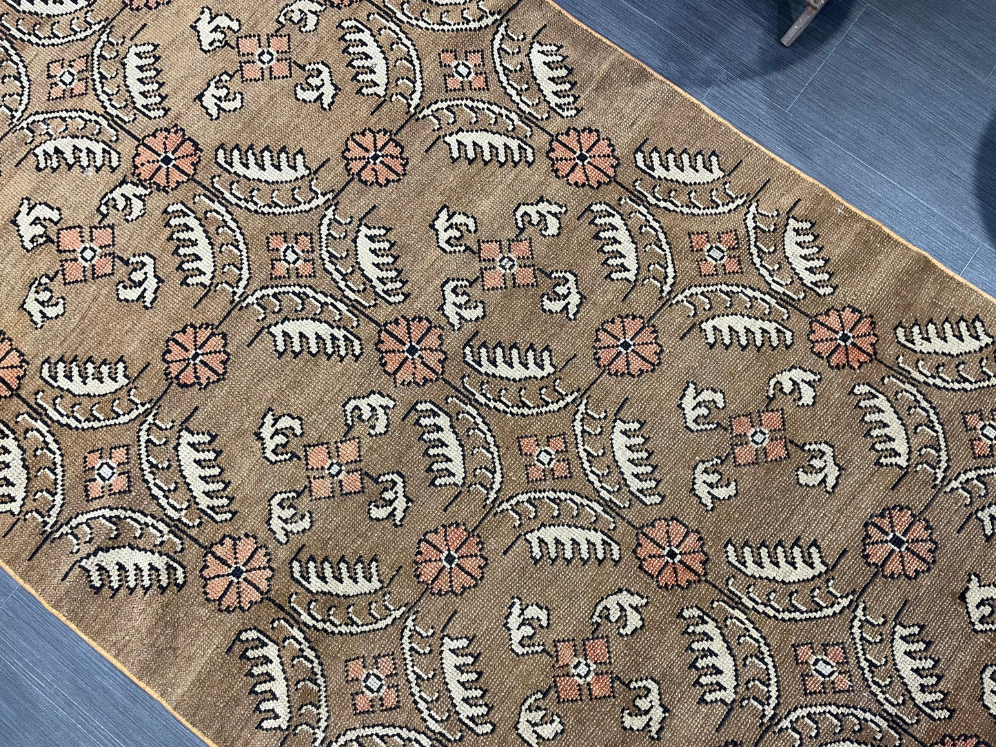 Vintage Floral RUG, Brown 4x10 Vintage Rug, TURKISH Rug, Muted Vintage Persian Rug, Vintage Wool Pink and Green Rug Muted Handmade Rug