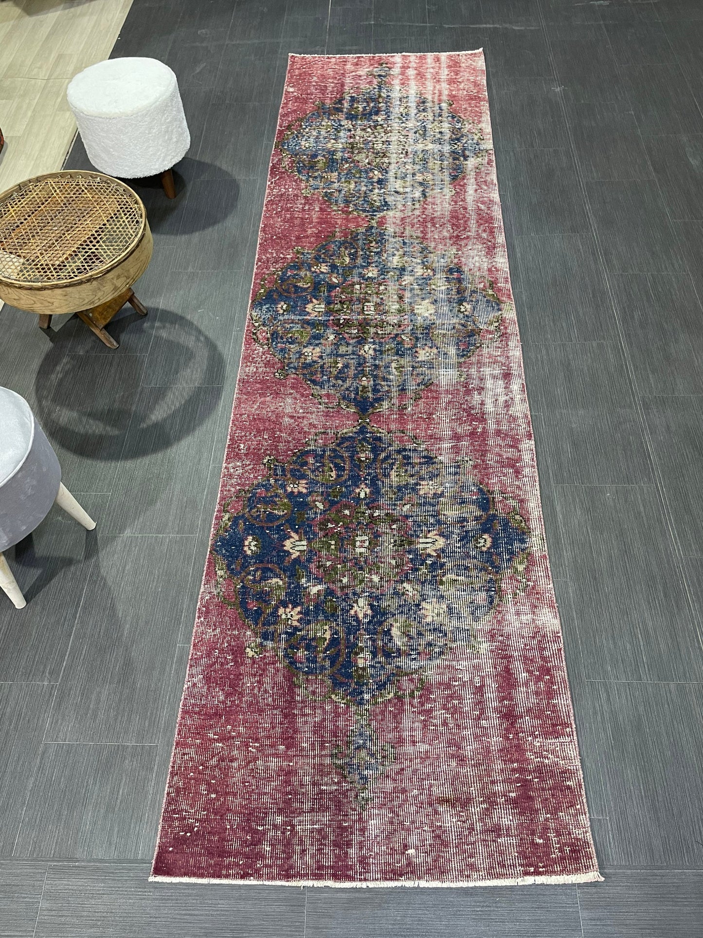 DISTRESSED Oushak Runner Rug, Turkish Runner 2.9 x 12.2 Rug, Vintage Runner Rug, Hallway Runner Rug, Kitchen Runner Rug, Wool Runner Rug