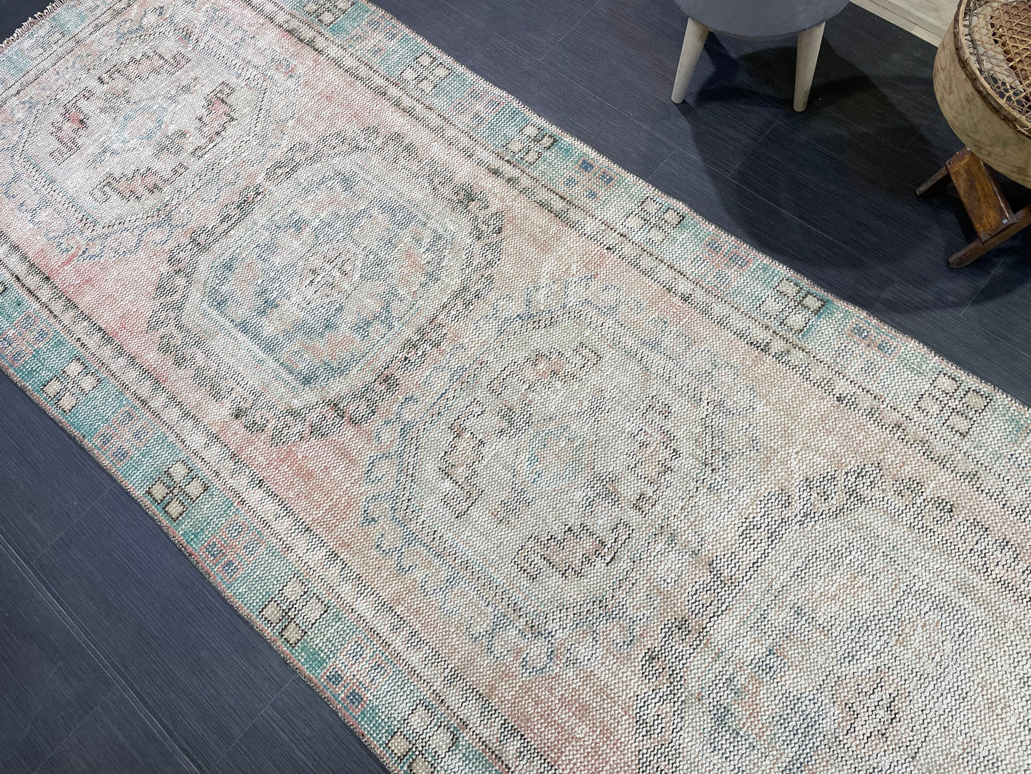 Antique Oushak Runner Rug, Muted Vintage 3.10 x 11.3 Runner Rug, Hallway Runner Rug, Distressed Runner Rug, Wool Runner Rug, Handmade Runner