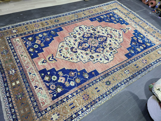 Handmade Vintage RUG, Turkish Rug, Large Area Rug, 6.3 x 9.10 VINTAGE Rug, Blue Oushak Rug,Hand Knotted Rug, colorfull Rug, Antique Rug