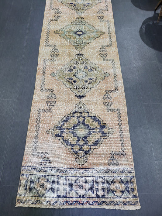 2.9 x 11.4 Low Wool Pile Oushak Runner Rug, Turkish Runner Rug, Vintage Runner Rug, Hallway Runner Rug Kitchen Runner Rug Wool Runner Rug