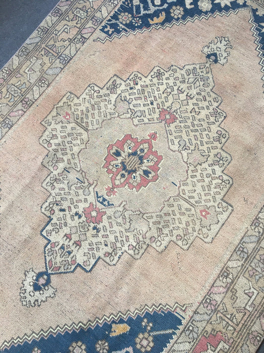 4.5 x 8 feet handmade area rug, vintage turkish muted rug, bohemian antique blue rug,