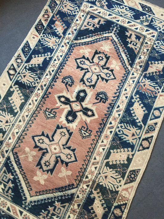 4x7 feet turkish large bedroom rug, handmade blue muted living room floor rug, vintage bathroom area rug,