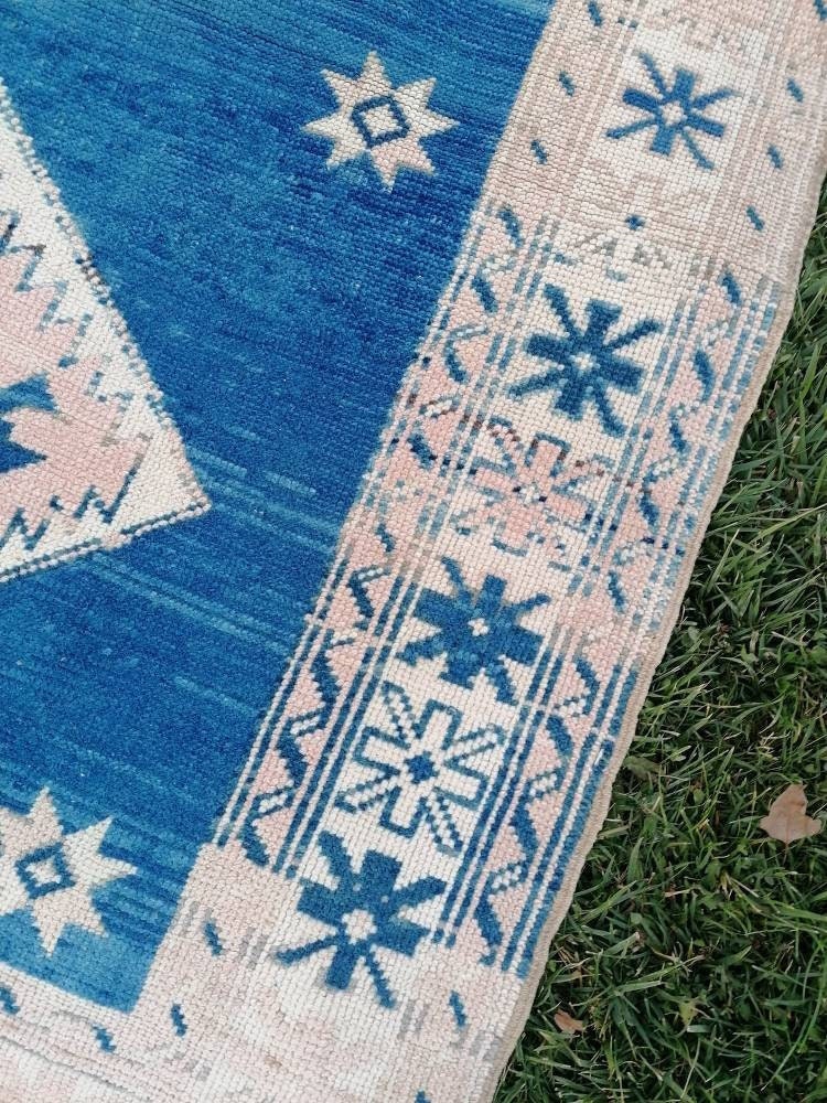 4.5 x 5.7 Oushak turkish rug, blue vintage wool rug, vintage hand made wool rug,