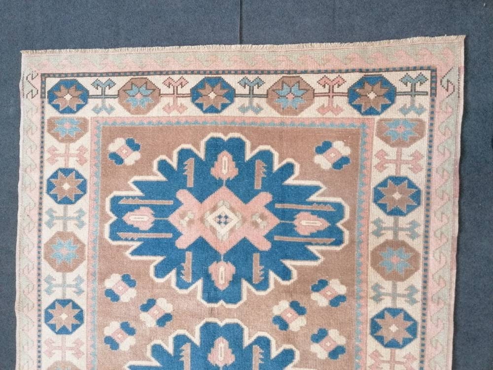 4.5 x 7.3 Turkish rug blue wool rug, vintage oushak rug, handmade rug