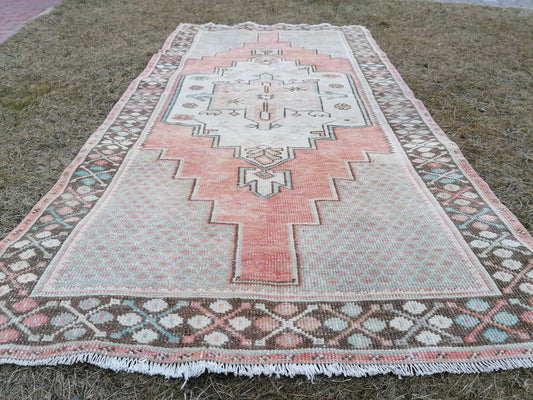 Muted soft colors rug 3.8 x 7.3 faded turkish rug, vintage turkish rug, soft oushak vintage rug