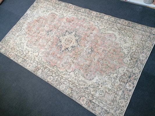 6.2 x 10.2 Neutral wool rug, muted handmade rug, oushak rug, rustic rug, turkish rug, farmhouse rug, distressed vintage rug
