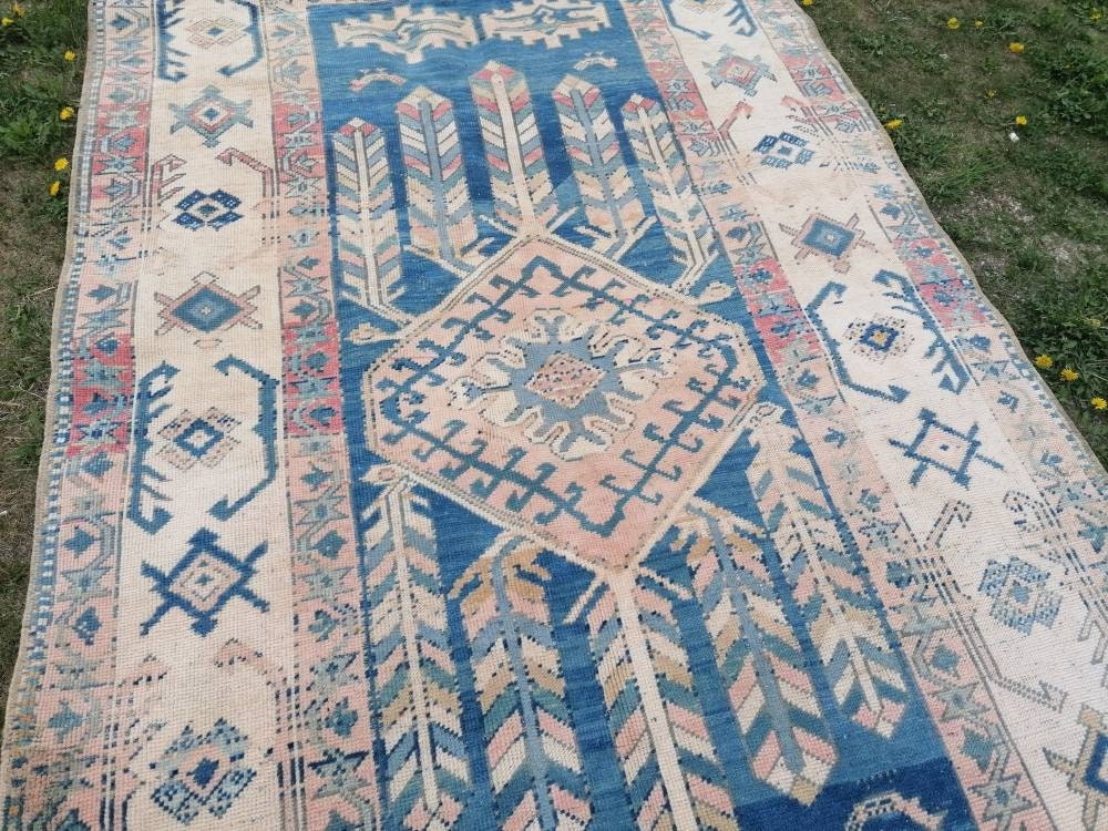 Blue vintage rug, vintage rug, turkish oushak rug 5.5 x 9.5 hand made wool rug,