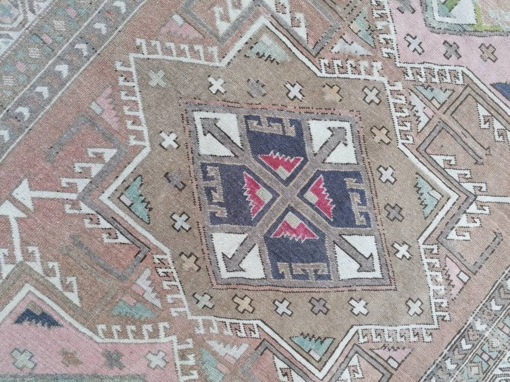4.7 x 8 blue and pink wool rug, vintage oushak rug, turkish handmade