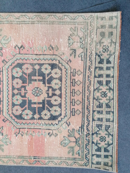3 x 10.6 oushak turkish runner rug, vintage green wool runner rug,