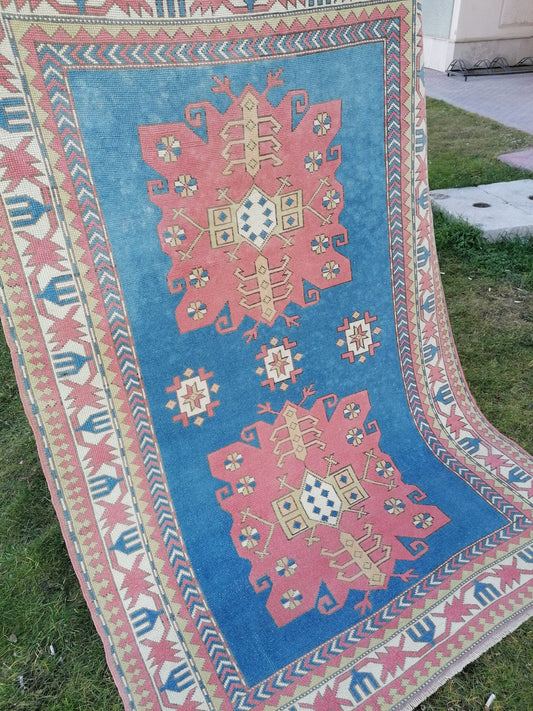 5 x 7.4 Turkish oushak rug, Blue rug, vintage oushak rug, unique handmade rug
