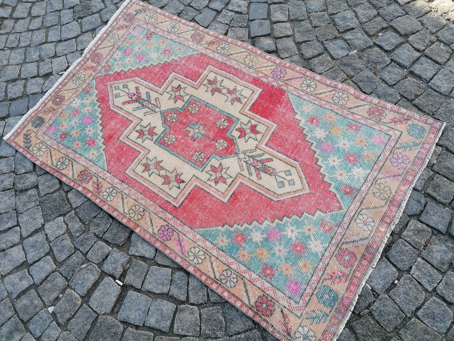 3.4 x 6.7 turkish rug, vintage rug, oushak vintage rug,