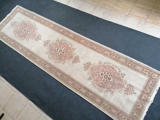 3.2 x 11.6 runner rug, vintage runner rug, turkish pastel pink runner rug, oushak runner rug