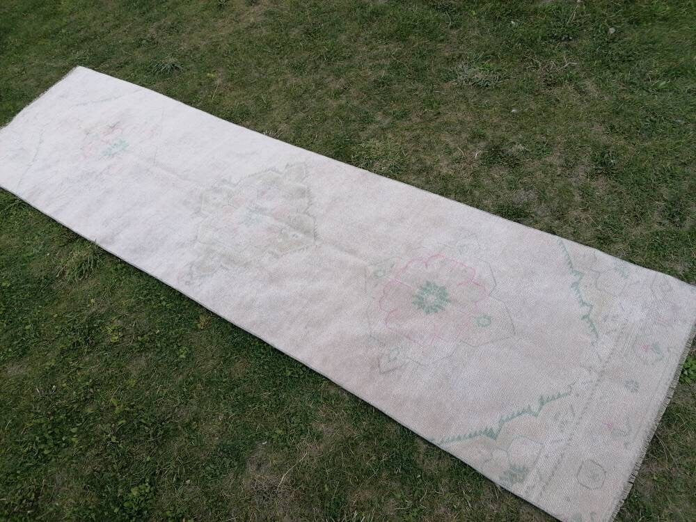 wool rug 2.10 x 10.7 muted runner handmade rug, hallway runner rug, Turkish runner, vintage runner rug,
