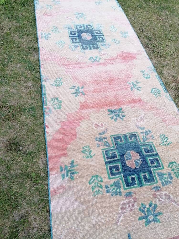 3 x 11.9 wool oushak runner rug turkish handmade runner, vintage runner rug