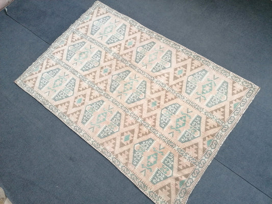 4.10 x 7 turkish wool rug, vintage green dollar rug, vintage oushak runner rug,