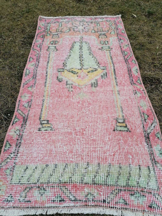 1.10 x 3.5 Muted soft pink color small rug, turkish rug, vintage turkish small rug,
