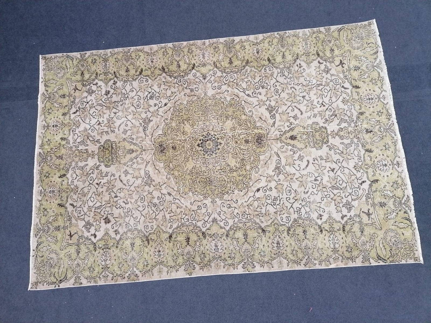 Vintage green rug 6.5 x 9.7 large oushak rug, vintage hand made wool rug,