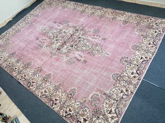 9.5 x 13 oushak turkish over size rug, vintage turkish rug, vintage pink color rug, vintage anatolian rug