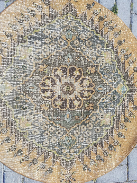 Round rug 3'7" feet, circle rug, turkish rug vintage rug vintage oushak rug unique hand made rug kitchen rug traditional turkish decor