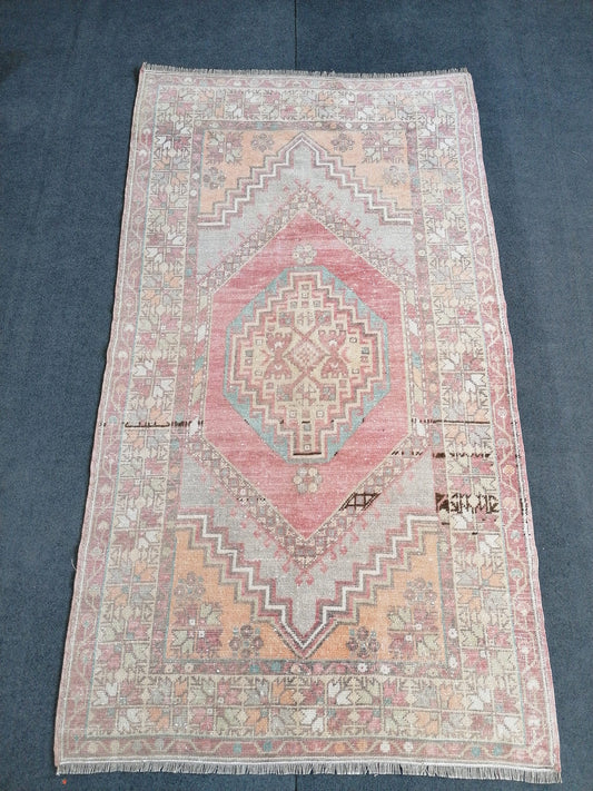 3.7 x 6.6 pastel vintage handmade wool rug, turkish rug, oushak vintage rug,