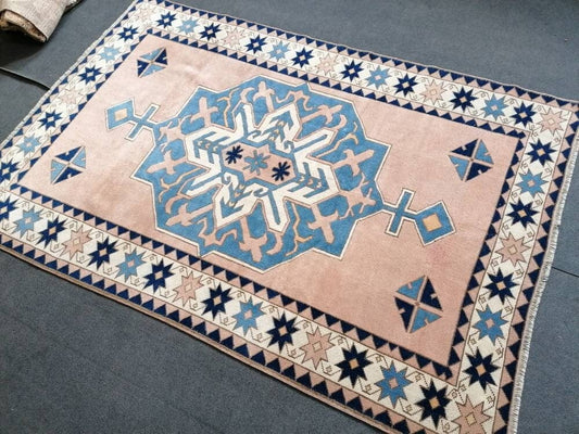 Vintage blue rug 5 x 7.4 turkish handmade rug,
