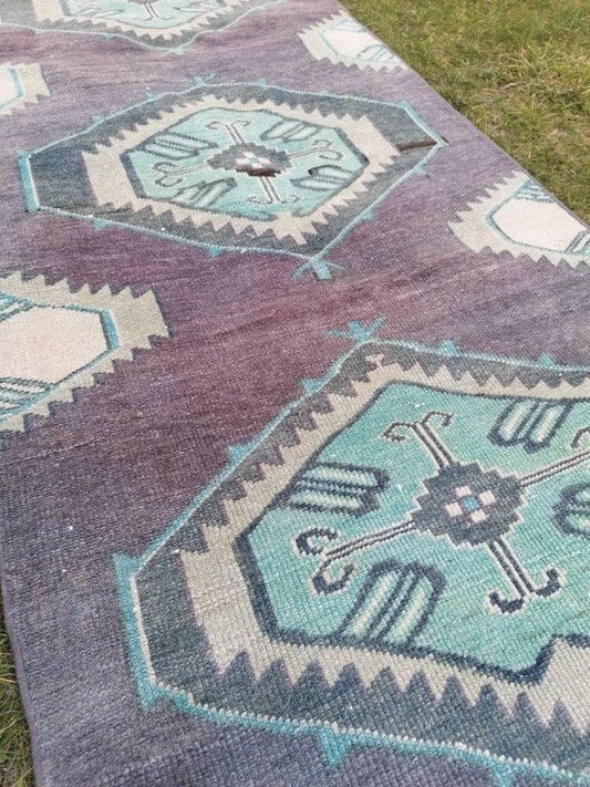 Vintage purple runner 2.7 x 9.5 oushak wool runner hallway handmade runner, turkish runner rug,