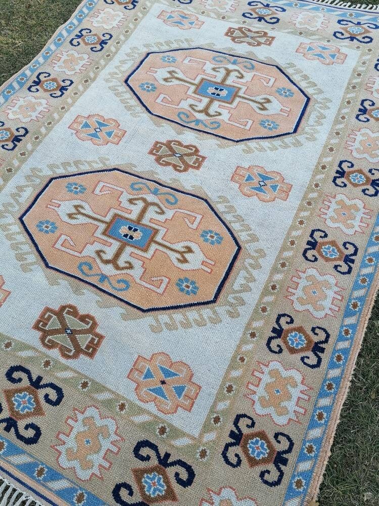 5.8 x 8 Oushak turkish rug pastel vintage rug, kitchen rug, vintage anatolian rug,unique handmade