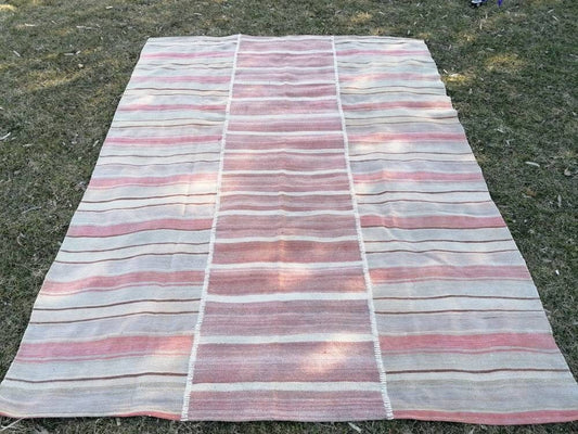 6.5 x 8.5 Flatwoven kilim rug stripe handmade rugs vintage turkish rugs oushak rug, wool rug
