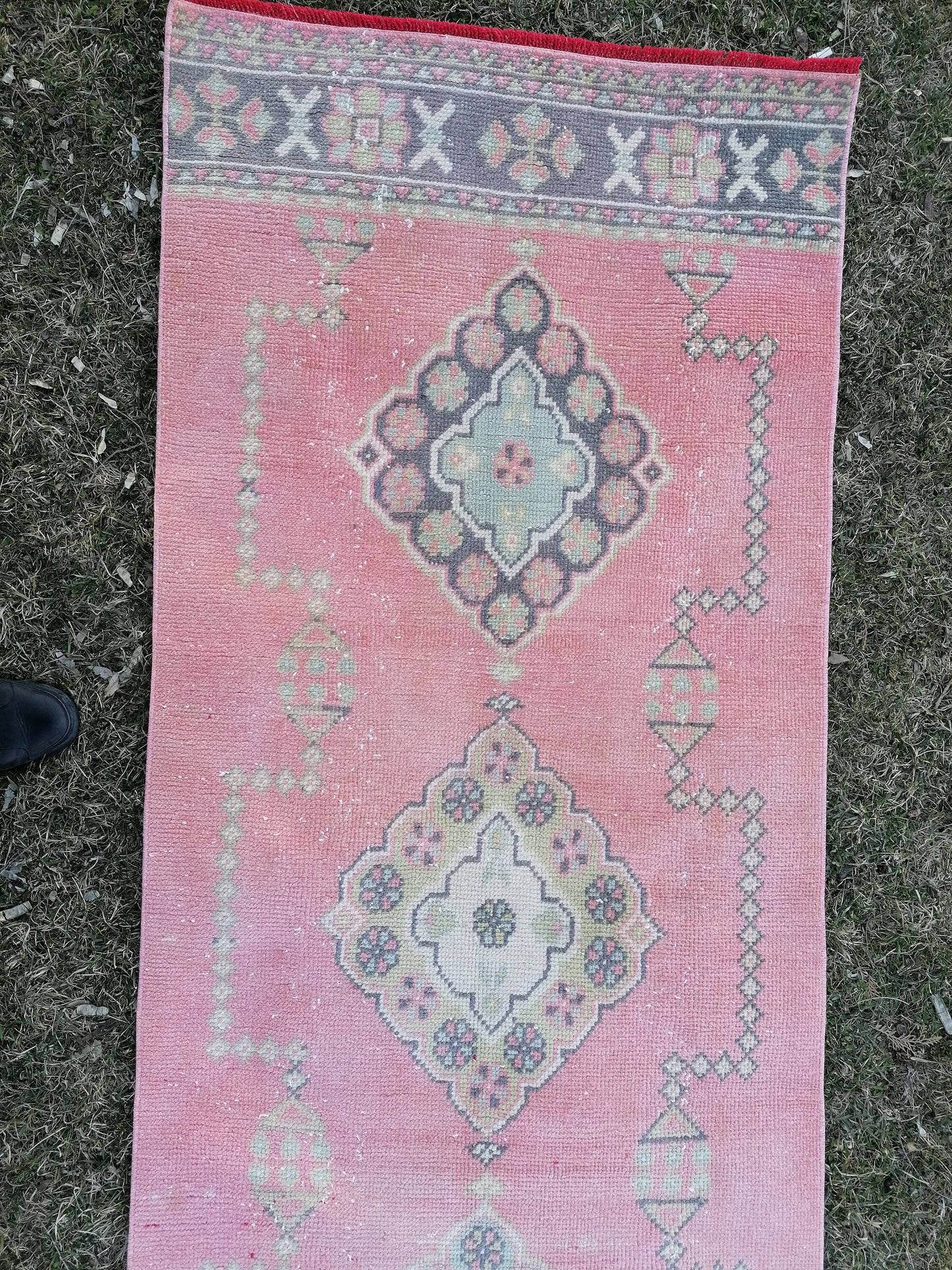 Vintage runner rug 2.10 x 22.10 pink extra long runner rug, oushak wool handmade runner