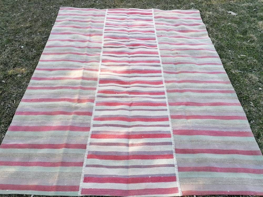 6.9 x 8.5 flatwoven kilim rug, stripe turkish hand made rugs vintage rug
