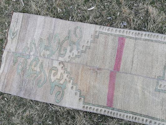 Turkish patchwork runner rug 2.2 x 11 neatural runner rug, vintage oushak rug,