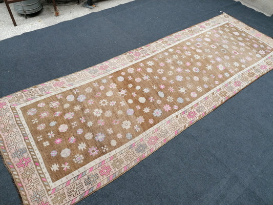 4.4 x 11 neutral oushak turkish runner rug, vintage turkish runner rug, oushak vintage rug, vintage rug