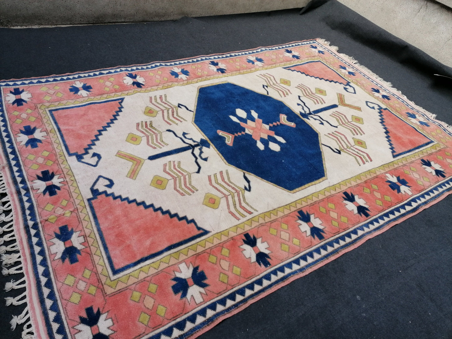 7.2 x 11 oushak wool rug, large turkish blue rug, vintage hand made rug, living room rug kitchen rug,