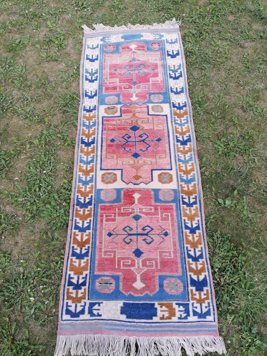 2.5 x 6.6 blue oushak runner, turkish runner rug, vintage runner rug hand made
