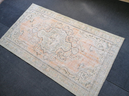 5 x 8.8 muted soft colors rug distressed green vintage turkish rug, oushak vintage rug,
