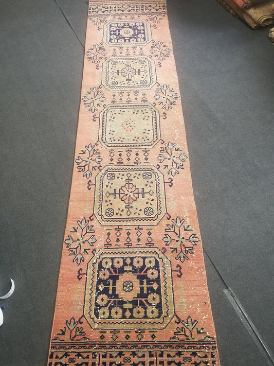 Wool runner rug 2.9 x 11.6 vintage oushak runner rug unique handmade rug kitchen runner rug