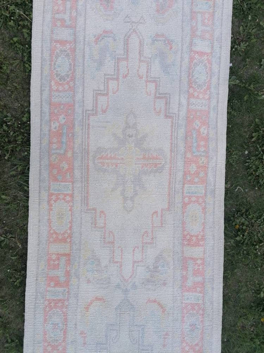 2.10 x 13.4 oushak wool runner, turkish oushak handmade rug, muted hallway runner rug