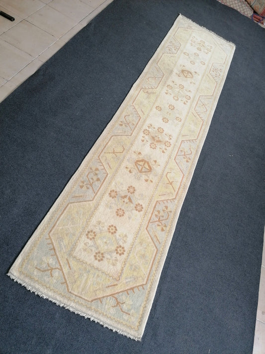 2.6 x 10.3 muted soft colors rug, oushak vintage rug, hand-knotted rug