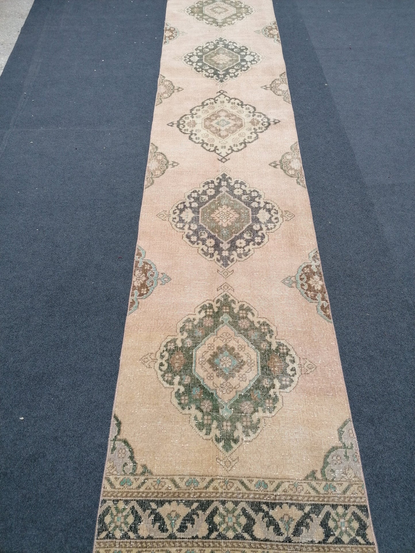 2.8 x 13 runner rug, vintage turkish runner rug, oushak vintage runner rug, vintage runner rug,